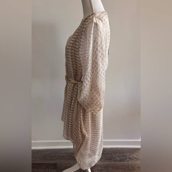 Halston Heritage Cream-Ivory Sheer Checked Tunic with Belt - Picture 11 of 12